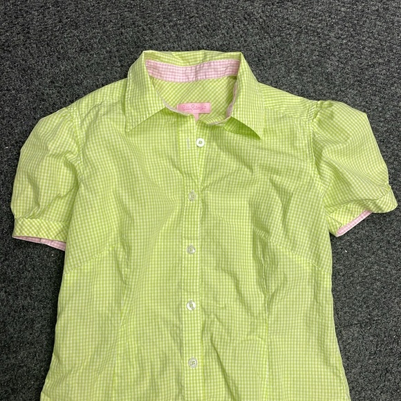 Lilly Pulitzer Green Gingham Checked Short Sleeve Feminine Blouse Top Size 2 - Picture 2 of 4